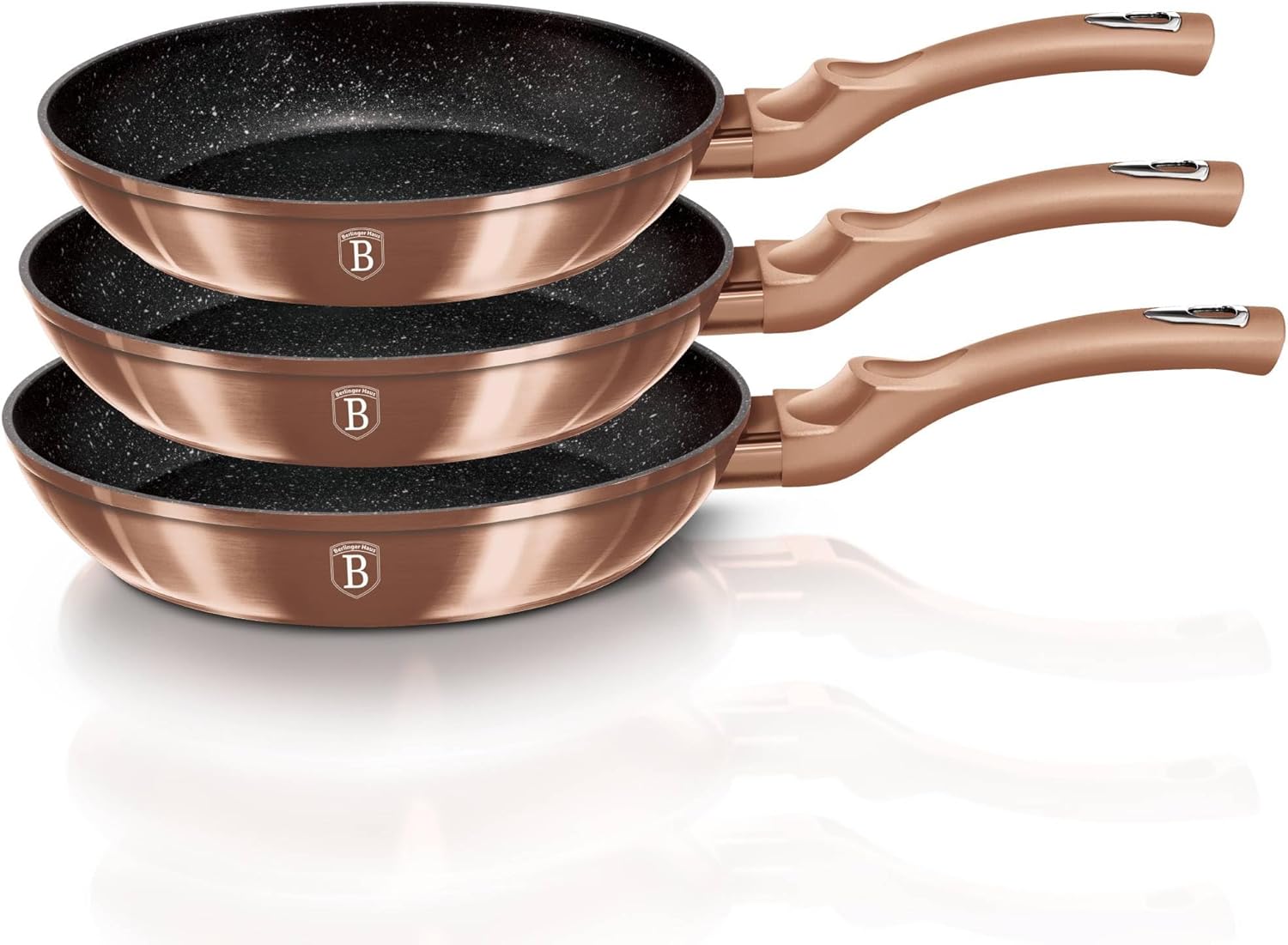 Berlinger Haus, Set de 3 Pièces Collection Rose Gold, en aluminium forgé, revêtement en marbre antiadhésif à 3 couches, Poignée ergonomique, Convient à tous les types de plaques de cuisson 