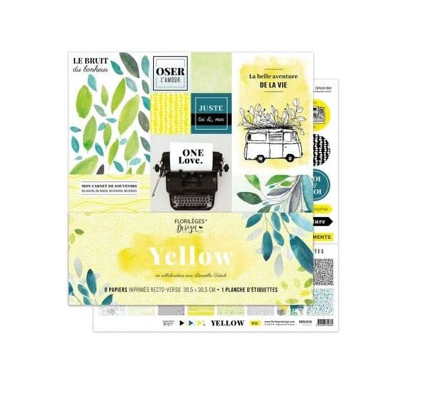 Assortiment de 8 papiers 30x30 et une planche d'étiquettes 'Florilèges Design - Yellow'