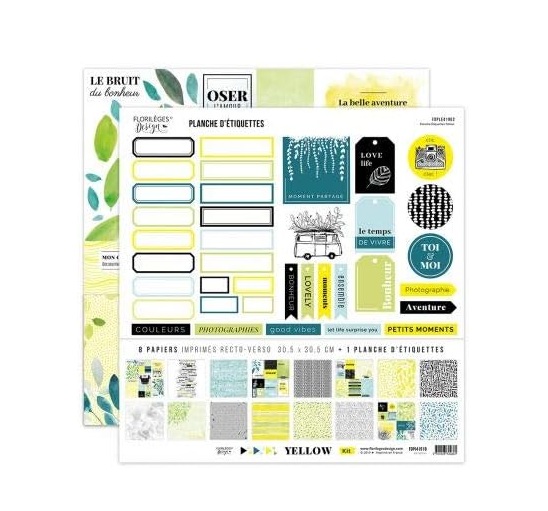 Assortiment de 8 papiers 30x30 et une planche d'étiquettes 'Florilèges Design - Yellow'
