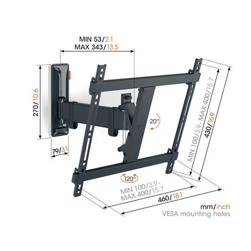 TVM 3425 Support Mural TV orientable pour téléviseurs 32-65 Pouces, Max. 25 kg, 