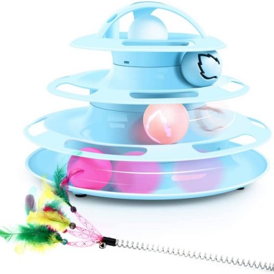 Pecute Jouets Chat 2 en 1, Jouet Labyrinthe Chats 4 Couches, Jouet Balles pour Jeu Chat Chaton, Jouet Chat Interactif avec l'herbe à Chat, Clochettes et Plumes (Bleu)