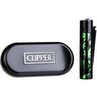 CLIPPER METAL à pierre GREEN LEAF FEUILLES NOIR VERT et sa boite métal offerte