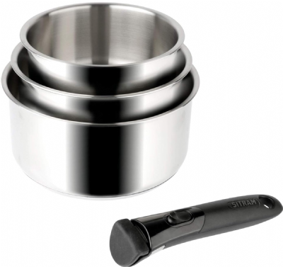 Sitram 713511 SITRAM-713511-Lot 3 casseroles 16+18+20cm Sitramovible Arpège en INOX, poignée Amovible-Tous Feux Dont Induction, Argent
