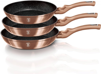 Berlinger Haus, Set de 3 Pièces Collection Rose Gold, en aluminium forgé, revêtement en marbre antiadhésif à 3 couches, Poignée ergonomique, Convient à tous les types de plaques de cuisson 