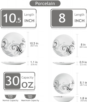 Service de table rond en porcelaine 18 pièces pour 6 personnes VEWEET ZOEY