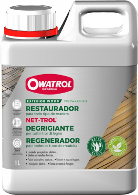OWATROL – NET-TROL – Dégriseur et Dégraissant Tous Bois Extérieurs Terrasse Mobilier de Jardin Bois Exotique – Dégriseur Nettoyant pour Bois Gélifié – Décapant Performant Biodégradable – 1 L 