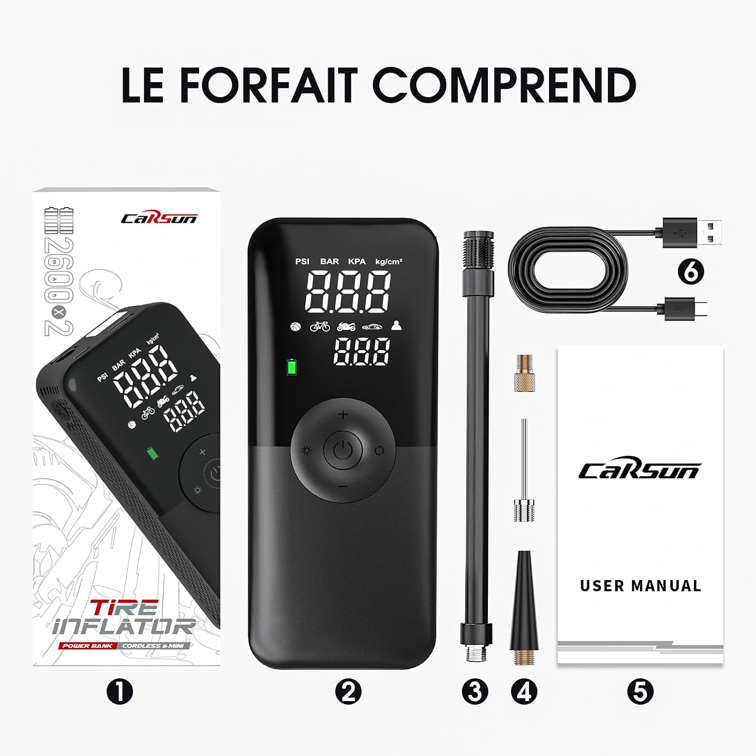 CARSUN T3106-1S – Gonfleur de pneus sans fil 150 PSI pour voiture et moto