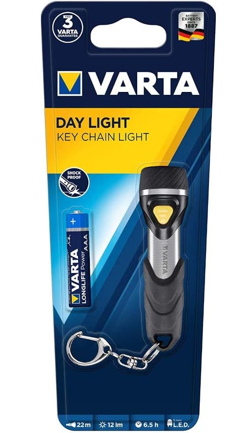 VARTA Lampe Torche LED incl. 1x pile AAA, Day Light Key Chain, lampe de poche à clé pratique, lumière résistante aux chocs, porte-clés idéal pour la maison, l'extérieur