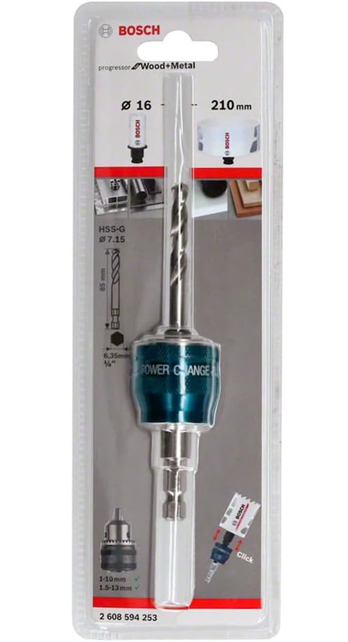  Bosch Professional 1x Adaptateur Power Change Plus (Interface hexagone de 3/8“, Foret HSS-G Ø 7.15 x 85 mm, Accessoire pour Scie Trépan)