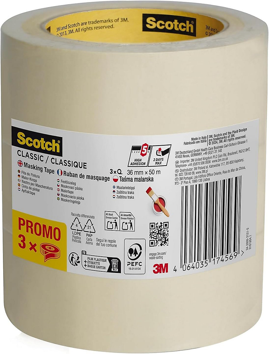 Ruban de masquage classique 36 mm x 50 m - Lot de 3 rouleaux