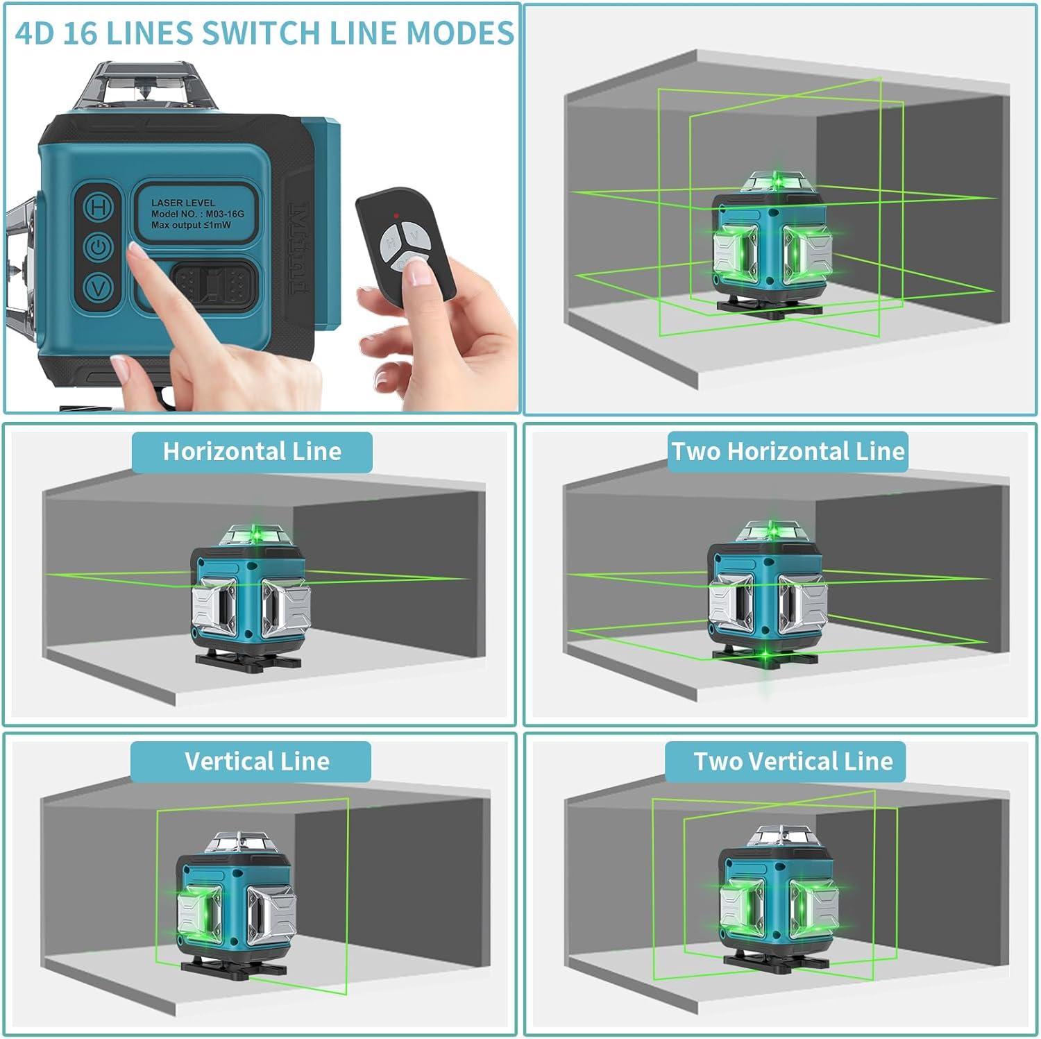 Niveau Laser Autonivelant Vert 4 x 360°, Laser Chantier 4D 16 Lignes,