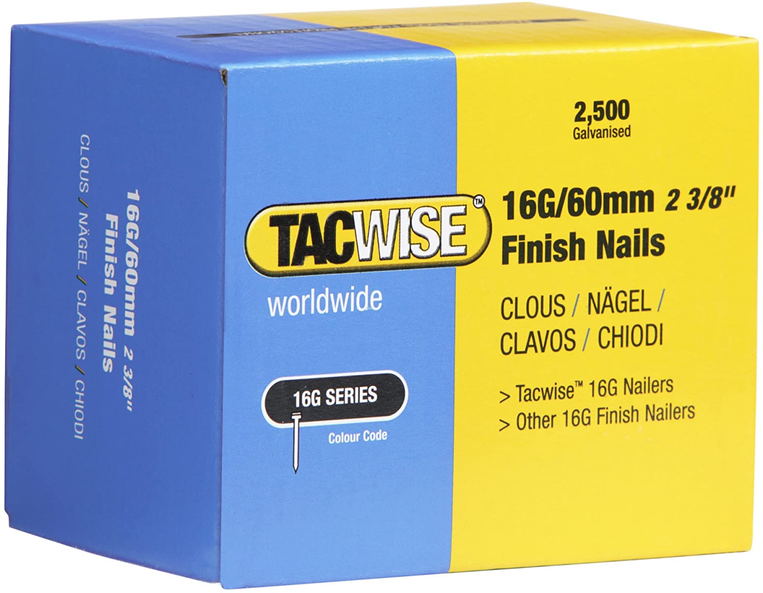Tacwise 0300 Type 160 Boîte de 2 500 clous de finition 16g/60mm, Argent, 60mm
