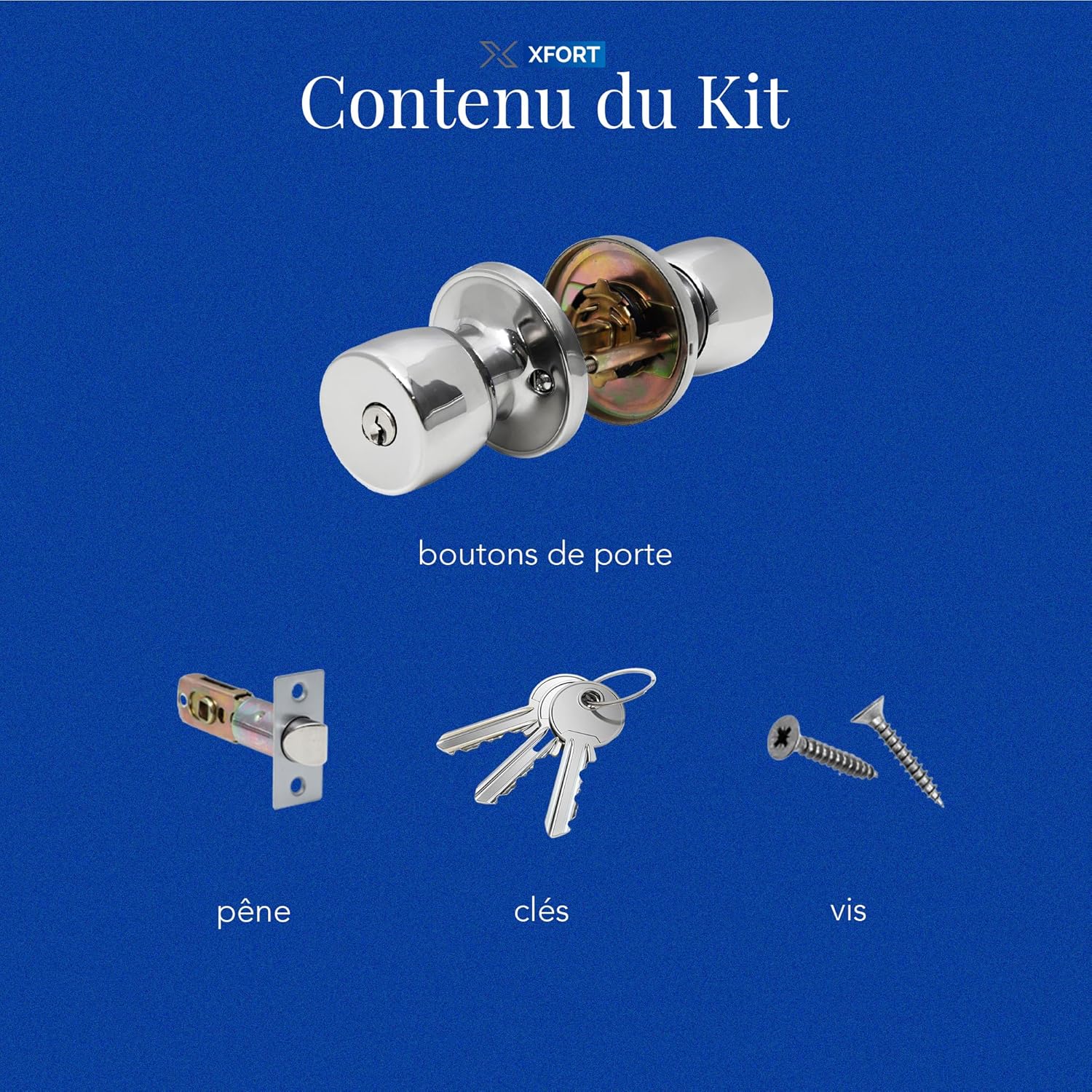 XFORT Tulip Entrance Knob – Poignée de Porte avec Serrure et Clé – Poignée pour Porte Intérieure en Bois avec Verrou – Finition Chrome Poli – Kit Complet