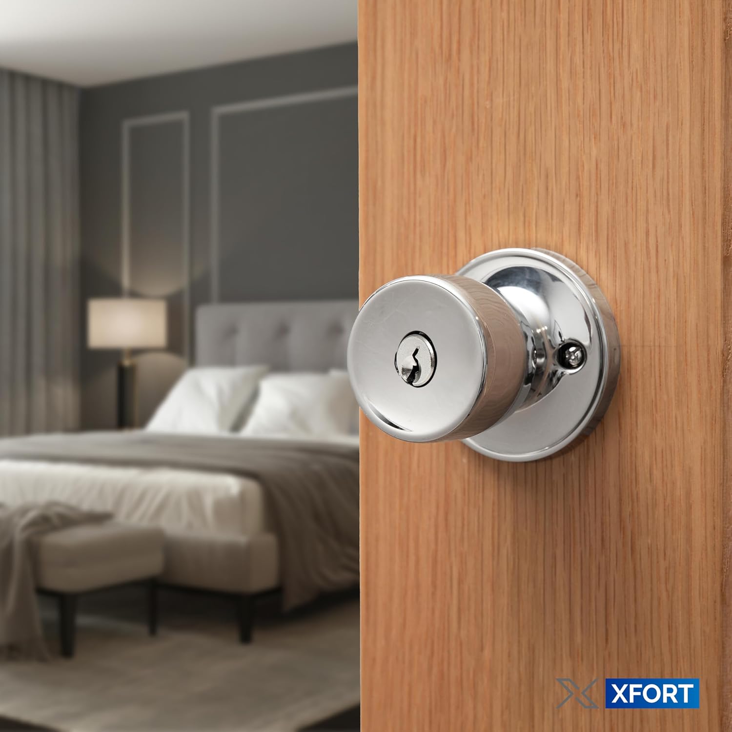 XFORT Tulip Entrance Knob – Poignée de Porte avec Serrure et Clé – Poignée pour Porte Intérieure en Bois avec Verrou – Finition Chrome Poli – Kit Complet