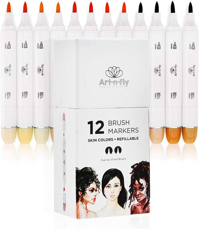 12 Marqueurs Couleur de Peau à Alcool avec double pointe - Brush Markers Professionnels pour dessin manga portrait et coloriage