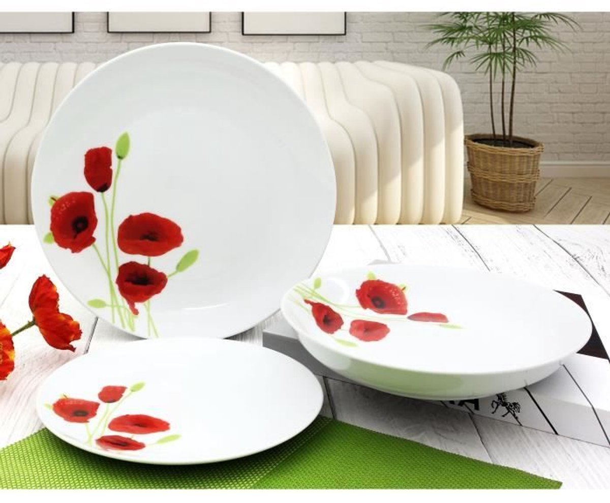 Service de table en porcelaine 18 pièces Coquelicot rouge et blanc