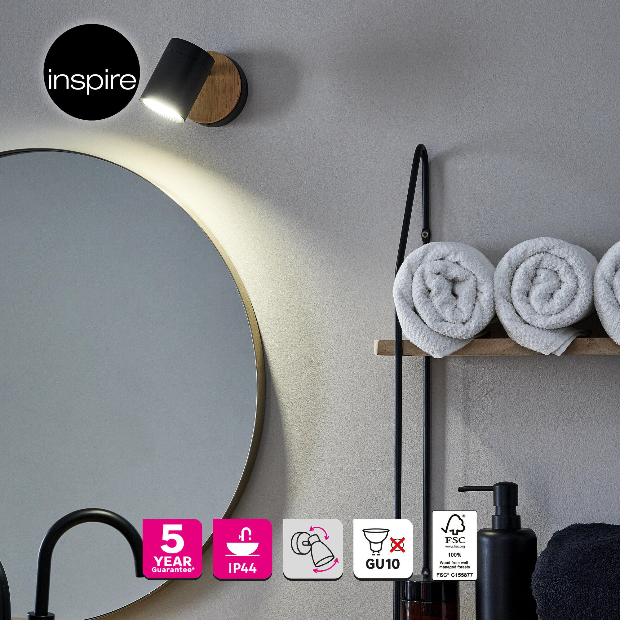 Spot salle de bain INSPIRE Malabe orientable métal bois noir