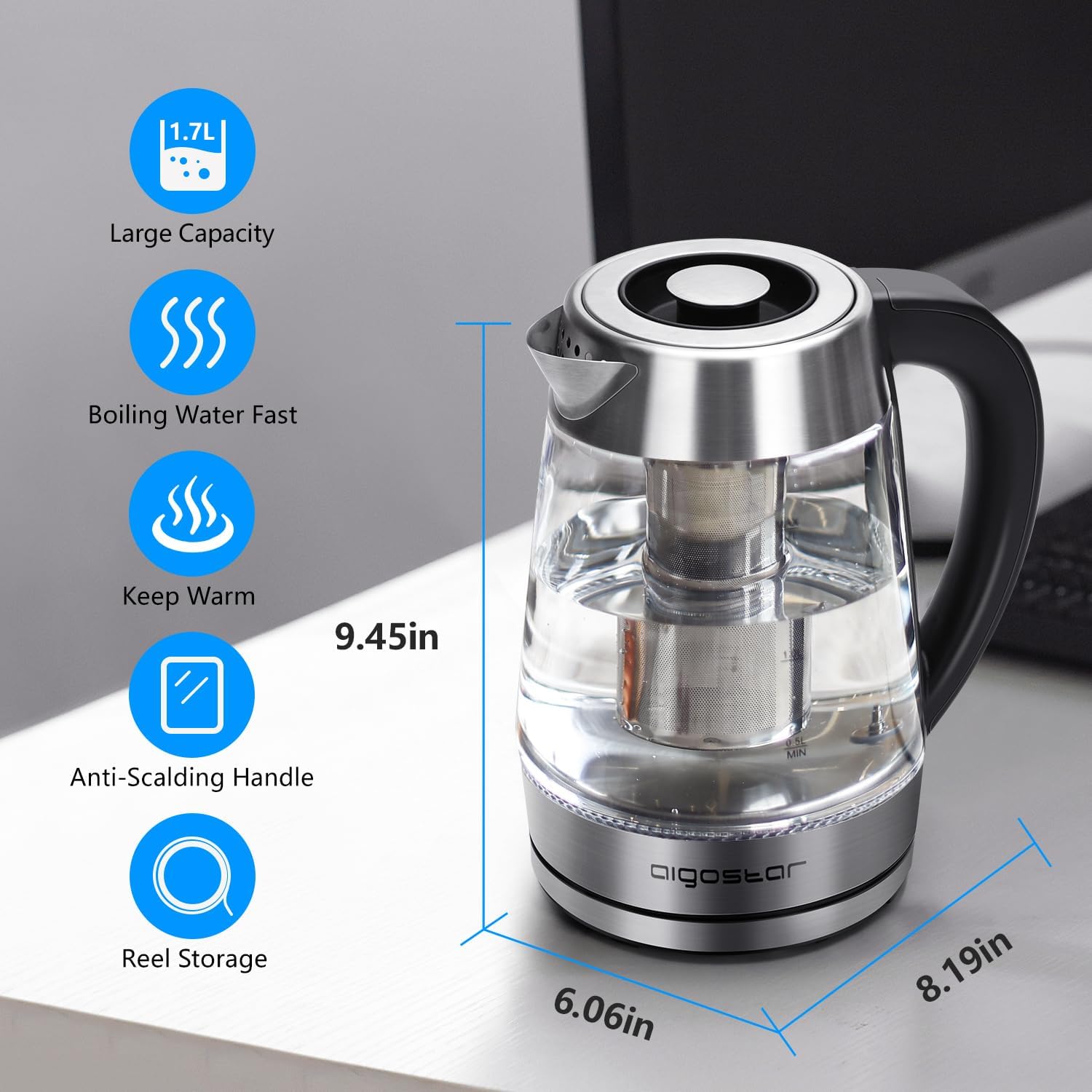 Aigostar Cris - Bouilloire en verre Température Réglable 2200W, 1.7L