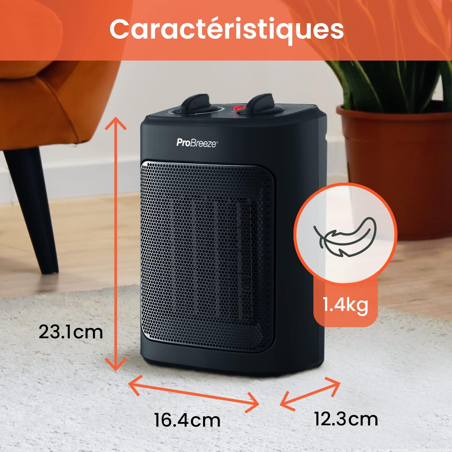 ro Breeze Mini Radiateur Céramique 2000 W - 3 Niveaux de Puissance - Chauffage d'appoint Compact pour bureau, chambre, salon - Noir