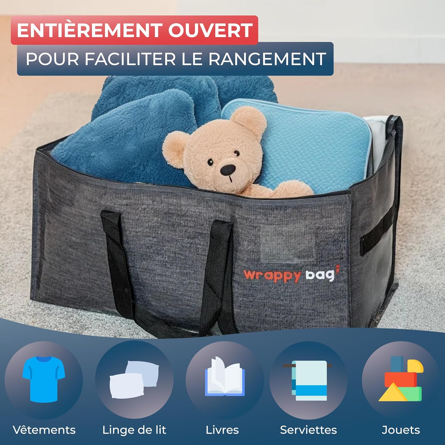 WRAPPYBAG Lot de 4 Grands Sacs de Rangement Plastique – Sacs XXL pour Déménagement & Voyage – Solide, Épais & Étanche avec Poignées Renforcées – pour Vêtement & Linge de Lit – 75 x 36 x 38 cm
