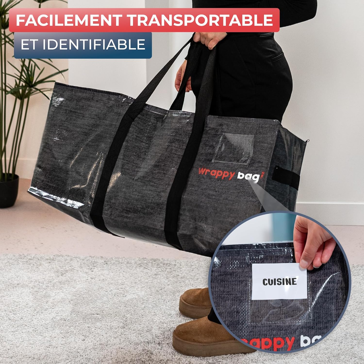 WRAPPYBAG Lot de 4 Grands Sacs de Rangement Plastique – Sacs XXL pour Déménagement & Voyage – Solide, Épais & Étanche avec Poignées Renforcées – pour Vêtement & Linge de Lit – 75 x 36 x 38 cm