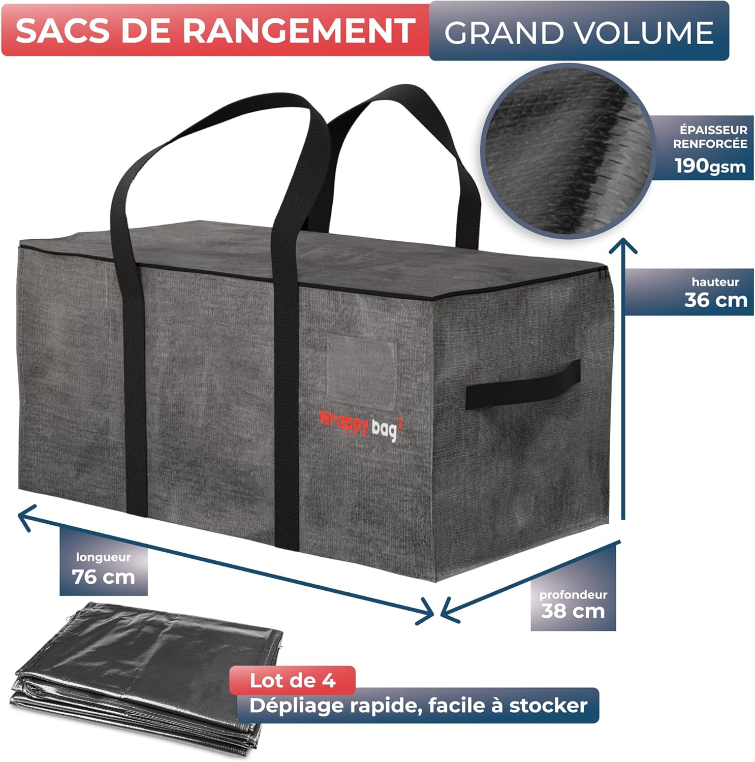 WRAPPYBAG Lot de 4 Grands Sacs de Rangement Plastique – Sacs XXL pour Déménagement & Voyage – Solide, Épais & Étanche avec Poignées Renforcées – pour Vêtement & Linge de Lit – 75 x 36 x 38 cm