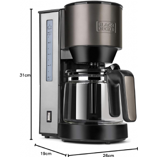BLACK+DECKER BXCO870E - Cafetière Filtre 870 W, 12 Tasses, Verseuse en Verre, Réservoir 1,25 L, Filtre Permanent, Système Anti-Goutte, Arrêt Automatique, Inox et Noir