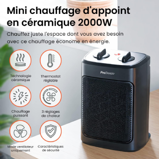 ro Breeze Mini Radiateur Céramique 2000 W - 3 Niveaux de Puissance - Chauffage d'appoint Compact pour bureau, chambre, salon - Noir