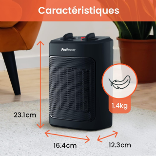 ro Breeze Mini Radiateur Céramique 2000 W - 3 Niveaux de Puissance - Chauffage d'appoint Compact pour bureau, chambre, salon - Noir