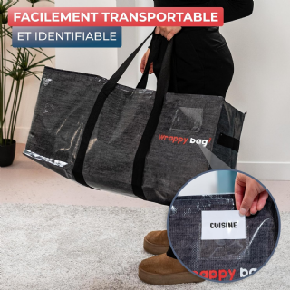 WRAPPYBAG Lot de 4 Grands Sacs de Rangement Plastique – Sacs XXL pour Déménagement & Voyage – Solide, Épais & Étanche avec Poignées Renforcées – pour Vêtement & Linge de Lit – 75 x 36 x 38 cm
