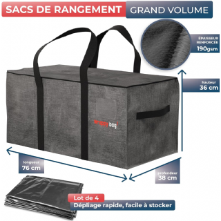 WRAPPYBAG Lot de 4 Grands Sacs de Rangement Plastique – Sacs XXL pour Déménagement & Voyage – Solide, Épais & Étanche avec Poignées Renforcées – pour Vêtement & Linge de Lit – 75 x 36 x 38 cm