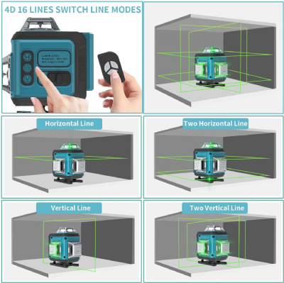 Niveau Laser Autonivelant Vert 4 x 360°, Laser Chantier 4D 16 Lignes,