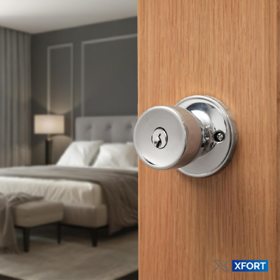 XFORT Tulip Entrance Knob – Poignée de Porte avec Serrure et Clé – Poignée pour Porte Intérieure en Bois avec Verrou – Finition Chrome Poli – Kit Complet