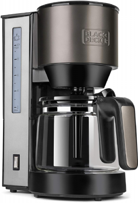 BLACK+DECKER BXCO870E - Cafetière Filtre 870 W, 12 Tasses, Verseuse en Verre, Réservoir 1,25 L, Filtre Permanent, Système Anti-Goutte, Arrêt Automatique, Inox et Noir
