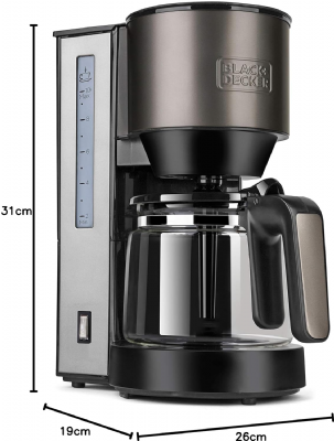 BLACK+DECKER BXCO870E - Cafetière Filtre 870 W, 12 Tasses, Verseuse en Verre, Réservoir 1,25 L, Filtre Permanent, Système Anti-Goutte, Arrêt Automatique, Inox et Noir