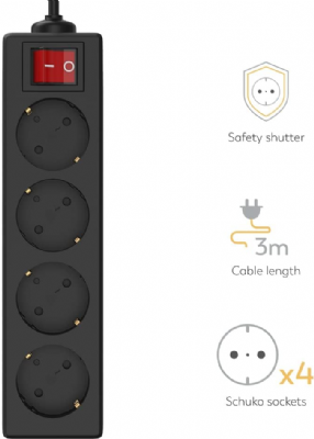  Garza 430063 Power-Base Multiple Basic de 4 Prises schuko, câble 1.5 mm x 3 m, Couleur, Noir, Medium